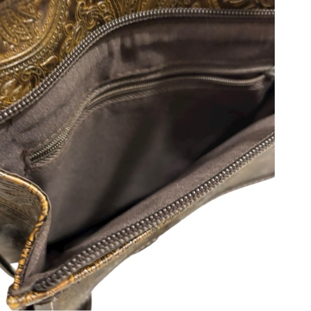 Relic by Fossil embossed paisley earthy rustic crossbody bohemian hobo bag. - Picture 3 of 9